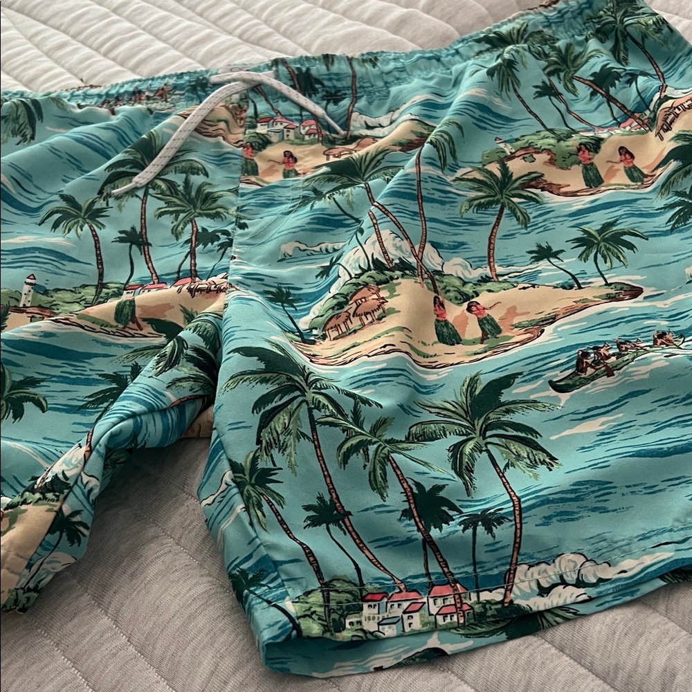Ocean Plus Coast Men’s Tropical Island Print Swim Trunks - Teal & Cream